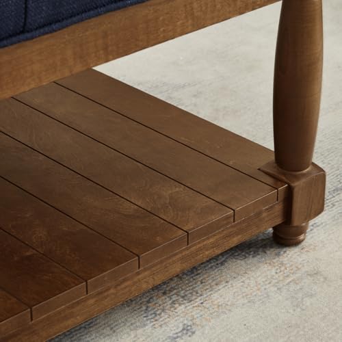 Upholstered Square Coffee Table with Wooden Shelf, Tufted Button Large Square Ottoman with Spindle Wooden Legs, Linen Large Footrest Ottoman Pouf for Living Room, Linen