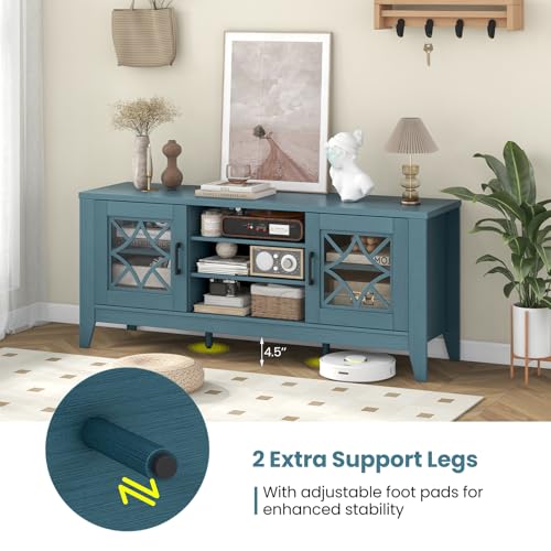 Farmhouse TV Stand for TVs Up to 65-in, Classic Media Entertainment Center w/Glass Door Cabinets & 4 Adjustable Shelves, Modern TV Console Table w/ 3 Cable Holes for Living Room (Teal Blue)