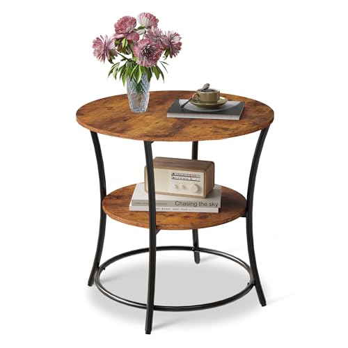 Side Table, Round End Table with 2 Storage Shelves for Living Room, Bedroom, Nightstand with Steel Frame for Small Spaces, Accent Coffee Table, Rustic Brown