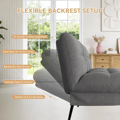 72″Futon Sofa Bed,Modern Convertible Sleeper Sofa, Fabric Futon Couch with Multi-Position Backrest for Living Room Furniture (Grey) | Convertible Fabric futon couch with pillows, upholstered recliner lounge, multi-angle loveseat, living room furniture
