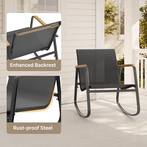 3 Piece Rocking Bistro Set, Textilene Fabric Patio Furniture Set, Front Porch Rocker Chairs with Coffee Table for Lawn, Garden, Balcony, Poolside (Black)