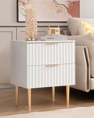 Night Stand Set 2, Fluted Glossy Nightstands Set of 2 with Drawers | Wide Modern White Storage Bedside Table for Bedroom, End Side Table with Golden Metal Legs and Handles, 2 Pieces