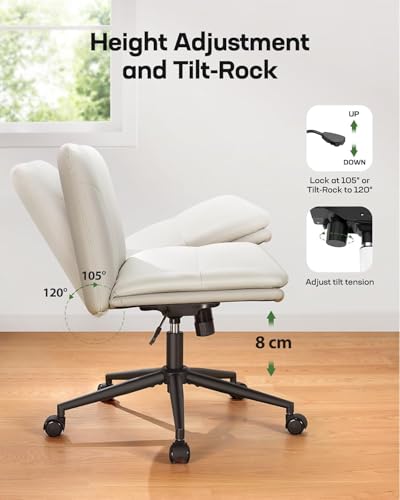 Armless-Office Desk Chair with Wheels: PU Leather Cross Legged Wide Chair, view 7