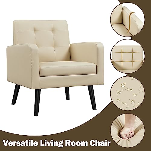 Yaheetech Mid-Century Accent Chairs, PU Leather Modern Upholstered Living Room Chair, Cozy Armchair Button Tufted Back and Wood Legs for Bedroom/Office/Cafe Beige 2PCS