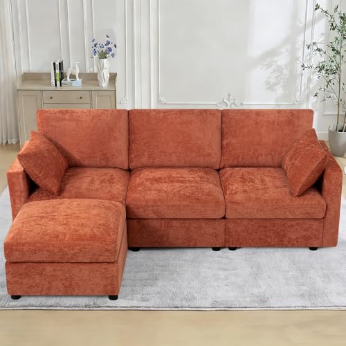 84” Chenille 3-Seats Sofa W/Movable Ottoman, Orange | Modern Fabric L-Shaped Couch w/Soft Backrests, Upholstered Sectional Sofa w/Arm Pillows for Living Room