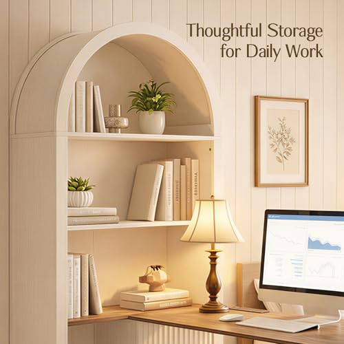 61" L Shaped Desk with Arched Hutch, White Corner Computer Desk with Power Outlets, 3 Drawers, File Cabinet and Sliding Door Storage for Home Office