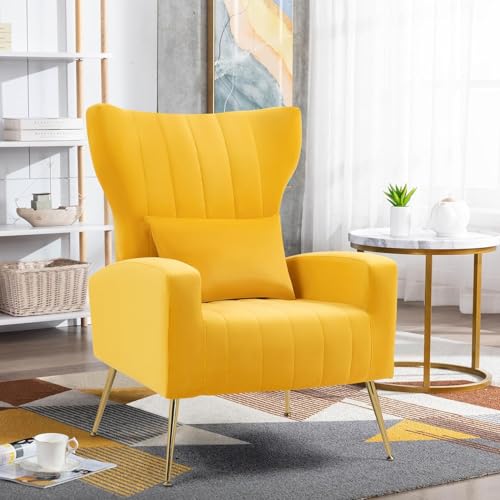 Modern Accent Chairs Set of 2, Wingback Chair with Arm & Gold Legs, Living Room Bedroom Side Chair with Lumbar Pillow, Velvet Upholstered, Channel Tufted, Yellow