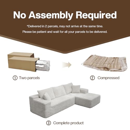 106'' Modular Sectional Sofa, L-Shaped Boneless Cloud Couch with Chaise Lounge, 4-in-1 Flexible Combination Faux Rabbit Fur & Layered Cushion Deep Seat, No Assembly, Beige Right Facing Chaise