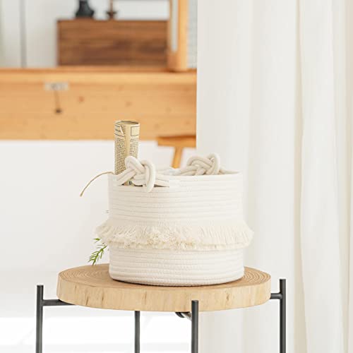 Small Woven Storage Baskets, 9.5'' x 7'' inches Cotton Rope Decorative Hamper for Diaper, Blankets, Magazine and Keys, Cute Tassel Nursery Decor - Home Storage Container, Off-white