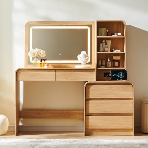 50” Modern Vanity Desk with Mirror and Lights with Charging Station Natural, view 7