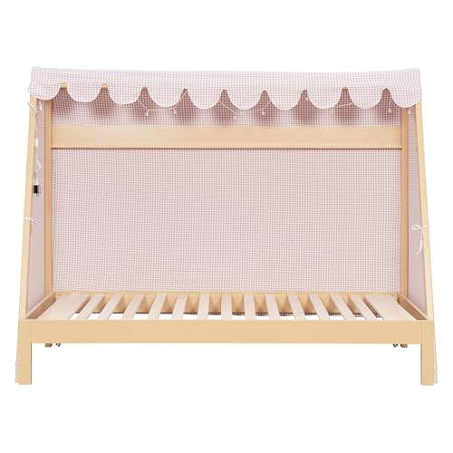 JIVOIT Twin XL Bed with Twin XL Trundle, Storage Shelf, Space-Saving Extendable Platform Bed with Pink Plaid Tent for Double, No Box Spring Required (Natural,22)