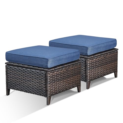 Brown and blue wicker patio ottomans with cushions, set of 2, view 2