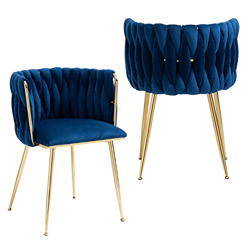 Modern Velvet Dining Chairs Hand Weaving Accent Chairs Living Room Chairs Upholstered Side Chair with Golden Metal Legs for Dining Room Kitchen Vanity Living Room (Navy)