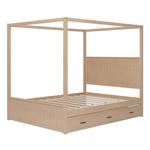 Queen Size Wood Canopy Bed Frame with Trundle & Drawer for Bedroom, Natural, view 8
