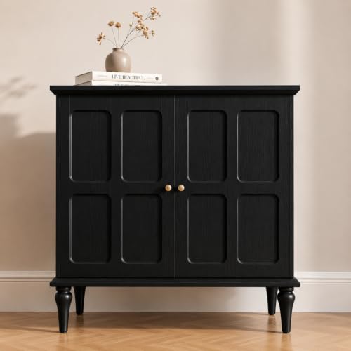 Black Sideboard Buffet Cabinet with Storage, Mid-Century Modern Storage Cabinet with 2 Doors and Adjustable Shelves, Accent Style Sideboard for Entryway, Dining Room, Living Room