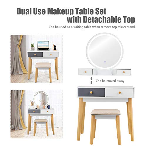 Vanity Set with Lighted Mirror, 3 Color Touch Screen Dimming Mirror, Adjustable Brightness, Bedroom Makeup Dressing Table with 4 Drawers and Cushioned Stool for Girls Women, White & Gray