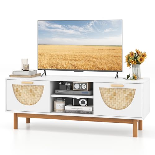 White TV Stand for 55 Inch TVs, Mid Century Modern Entertainment Center with 2 Drawers & Bamboo Woven Fronts, Solid Wood Legs, Boho TV Console Table for Living Room (White, 47.5”, for 55"TV)