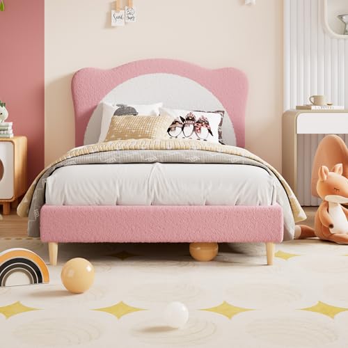 Twin Size Bed Frame for Kids - Cute Velvet Princess Platform Bed with Upholstered Headboard for Girls/Boys, Solid Wood Slats Support, No Box Spring Needed, Pink + White