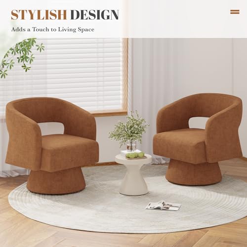 Swivel Barrel Accent Chair,Oversized Chenille Upholstered Round Swivel Chair,Modern Luxury 360 Degree Living Room Vanity Chair for Bedroom Office,Khaki,2PCS