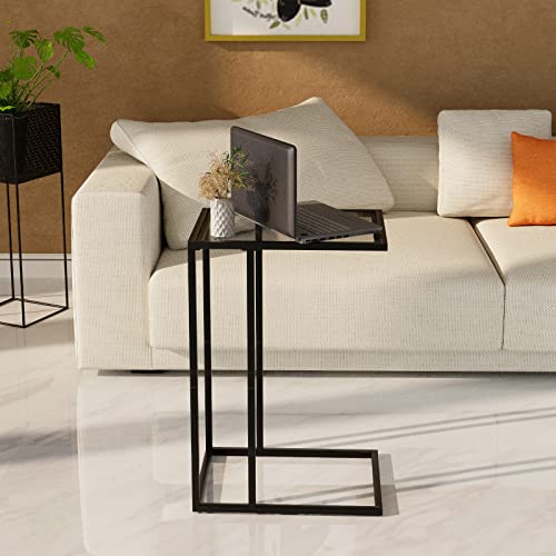 C Shaped End Table,Small Sofa Couch Side Table, Tempered Glass Snack TV Tray Table with Metal Frame for Small Space,Living Room, Bedroom, Bedside,Modern Style, Black