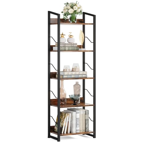 5 Tier Tall Bookshelf: Industrial Wood Book Shelf with Edge Protection Metal Narrow Bookshelf Bookcase Storage Organizer Display Rack for Living Room Home Office (Rustic Brown)