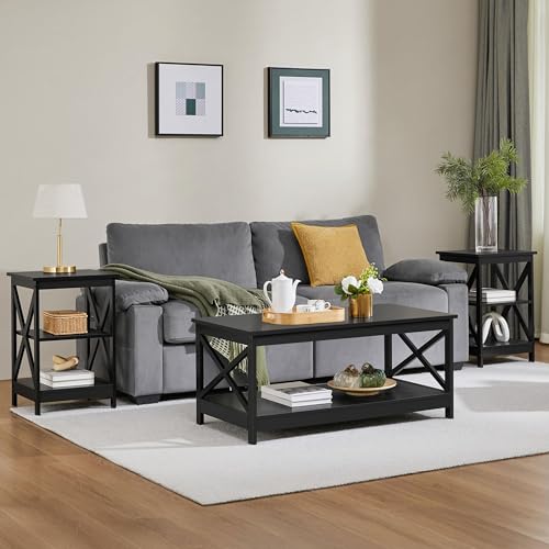 Yaheetech Black End Table Set of 2, 16x16x24 in Sturdy 3-Tier Side Tables with Storage Shelf & Solid Wood Legs, 2Pcs X-Design Modern Sofa Side Table for Living Room Office, Easy Assembly