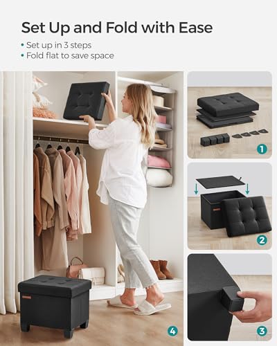 SONGMICS Storage Ottoman, Small Ottoman Foot Rest with Legs, 12.6 x 15.7 x 13.2 Inches Foot Stool, Load up to 660 lb, for Living Room, Bedroom, Dorm, Ink Black ULSF012B01