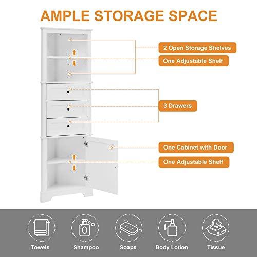 69 Inch Tall Corner Storage Cabinet with Adjustable Shelves, White | White MDF, bathroom kitchen or living room, adjustable shelves, open shelf, enclosed cabinet, triangle compartments, 23 in W