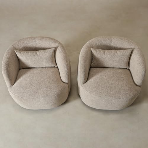 34" Wide Boucle Swivel Barrel Chairs Set of 2, No Assembly Round Upholstered Armchairs Accent Chairs Single Sofa Chair with Toss Pillow for Living Room and Bedroom, Taupe