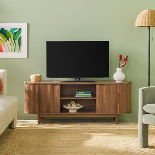 Chloe Curved Reeded TV Stand, Sliding Doors, 65 Inch, 60 inch, Mocha