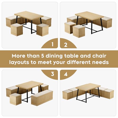 Corner Dining Table Set, 43 Inch Breakfast Nook Table Set with Bench with Hidden Storage & 2 Ottomans, 5-Piece Corner Bench Dining Table Set, Natural