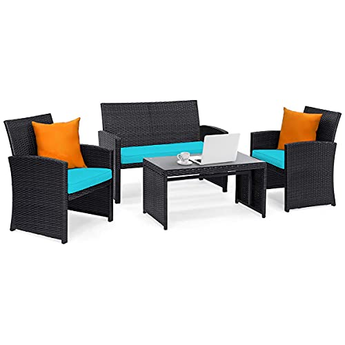 Four piece wicker patio conversation set with glass coffee table, view 2