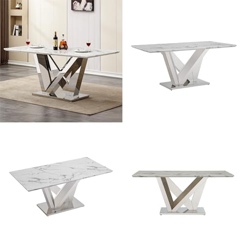 Marble Dining Table for 6 People, 70'' Rectangle Faux Marble Dining Table with Mirrored Stainless Steel Base, Large Size Marble Kitchen Table (Silver,White)(ONLY Table)