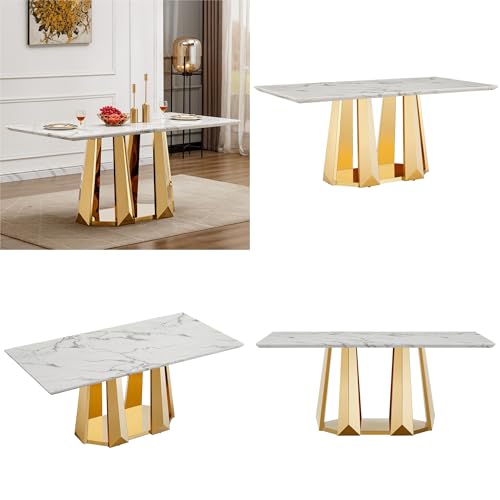 Marble Dining Table for 6 People, 70'' Rectangle Faux Marble Dining Table with Mirrored Stainless Steel Base, Large Size Marble Kitchen Table (Gold,White)(only Table)