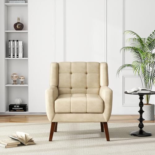 Faux Leather Accent Chair, Modern Upholstered Club Arm Chair for Living Room, Comfy Armchair Single Sofa Seat with Solid Wooden Legs (Cream)