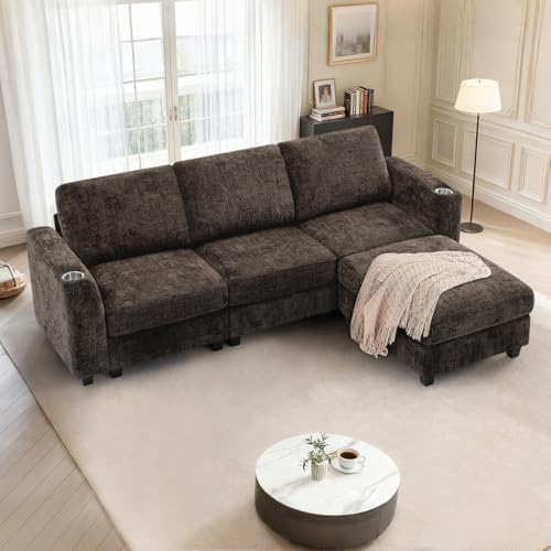 87" Chenille 3 Seater Couch with Soft Ottoman, Brown | L-Shape Sectional Sofa with Durable Cup Holders, Upholstered Sofa with Comfy Backrests for Living Room, House
