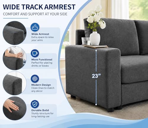 100" L-Shaped Sectional Couch with Reversible Deep Chaise, Grey | Comfy Chenille Modular Sectional Sofa, 4-Seater Corner Couch for Living Room, Apartment, Home Theater, Removable Covers