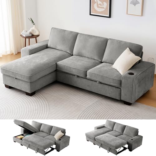 99" Convertible Sleeper Sofa Bed,L Shaped with Storage Chaise Pull Out Couch for Living Room,USB and Type-C,Removable Washable Chenille Covers (Gray)