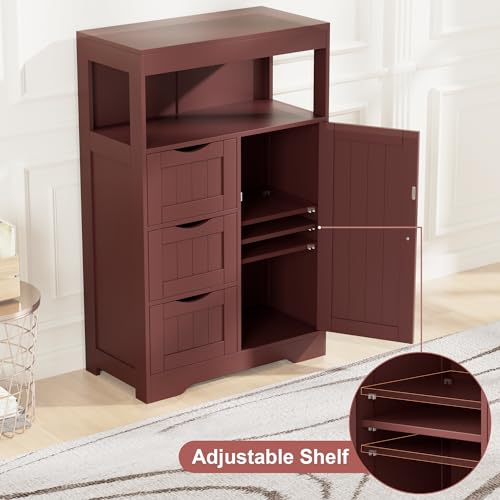 Bathroom Storage Cabinet Freestanding Floor Cupboard with 1 Door and 3 Drawers for Kitchen, Living Room, Brown