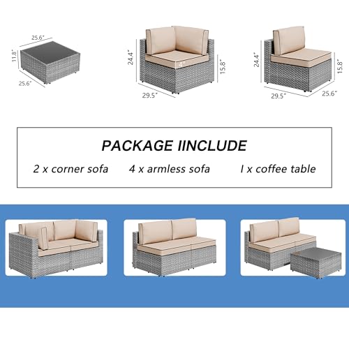 7 Pieces Outdoor Patio Furniture Sets, Patio Sectional Sofa Couch, Gray PE Wicker Furniture Modular Patio Conversation Sets Patio Sofa with Washable Cushions, Gray/Khaki