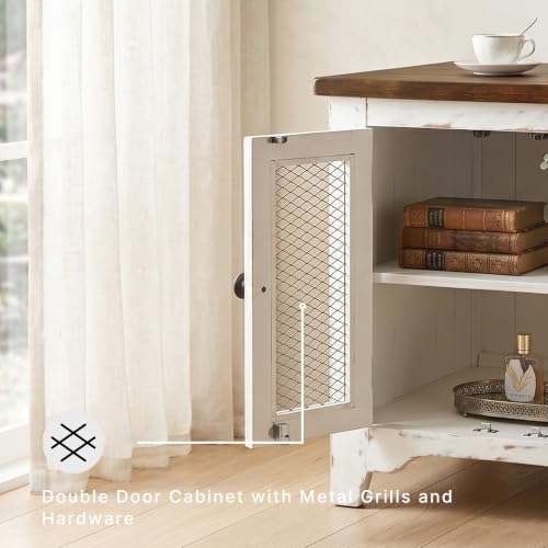 Signature Design by Ashley Wystfield Farmhouse End Table with Storage, Double Door Cabinet, Wood Construction, for Living Room, Distressed White & Brown