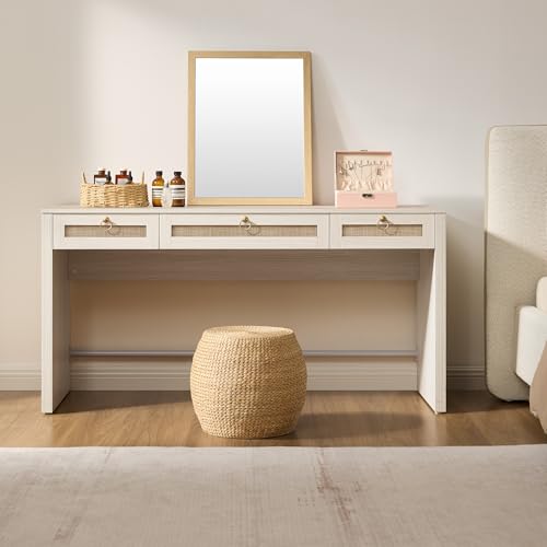 60" Rattan Home Office Desk with 3 Drawers, White, view 7