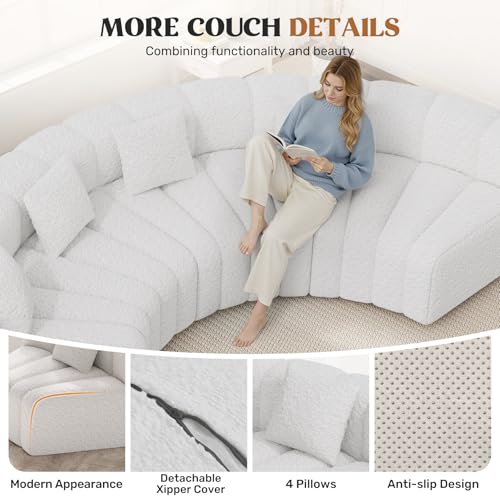 128" Oversized Curved Cloud Couch, Modern Compressed Modular Sectional Sofa, 4 Seater Boneless Couches for Living Room, No Assembly Required, White 1 PCS