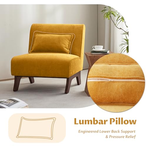 Armless Accent Chairs Set of 2,Modern Comfy Upholstered Living Room Chairs with Wooden Legs& Pillows,Lounge Sofa Side Chair for Bedroom Farmhouse Reading (2PCS, Yellow)