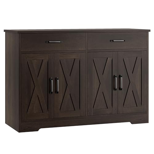 Buffet Cabinet with Storage, 47.2" Kitchen Sideboard Buffet with Drawers, Modern Farmhouse Coffee Bar Station with Shelves, Barn Doors Storage Cabinet for Living Room, Dark Brown