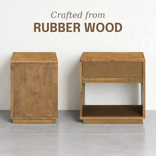 Sapa Solid Wood Nightstand with 3D Carved Drawer Front – Modern Bedside Table with Open Shelf, Easy Assembled - Teak Look