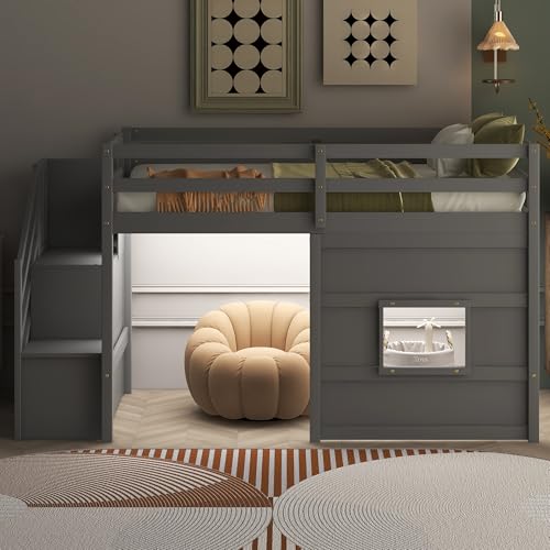 LUMISOL Twin Loft Bed, Solid Wood Low Loft Bed Frame with Staircase, Plyhouse, Window and Safety Guardrails, No Box Spring Needed, Grey