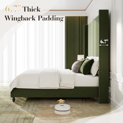 Queen Upholstered Bed Frame with 63" Headboard & Wingback, Green, view 9
