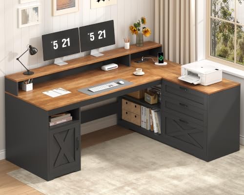 61" Farmhouse L Shaped Desk with Drawers & Storage Shelves for Home Office, view 2