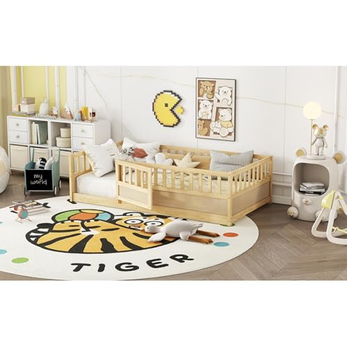 Montessori Wooden Floor Bed Frame, Integrated Kids Sleeping Bed with Safety Barrier and Access Door, Sturdy Pine Bedroom Furniture for Children Daily Rest (Natural,78 * 41'' +Support Plate)